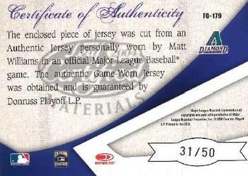 2004 Leaf Certified Materials - Fabric of the Game Reward #FG-179 Matt Williams Back