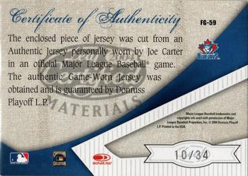 2004 Leaf Certified Materials - Fabric of the Game Stats #FG-59 Joe Carter Back