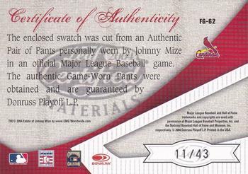 2004 Leaf Certified Materials - Fabric of the Game Stats #FG-62 Johnny Mize Back