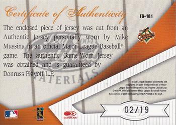 2004 Leaf Certified Materials - Fabric of the Game Stats #FG-181 Mike Mussina Back