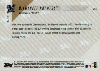2018 Topps Now #244 Milwaukee Brewers Back