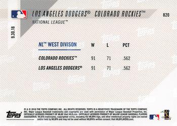 2018 Topps Now #820 Los Angeles Dodgers / Colorado Rockies Back