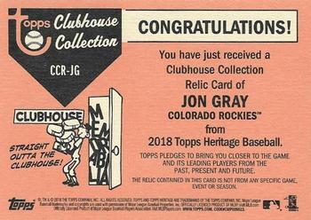 2018 Topps Heritage - Clubhouse Collection Relics #CCR-JG Jon Gray Back