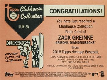 2018 Topps Heritage - Clubhouse Collection Relics #CCR-ZG Zack Greinke Back