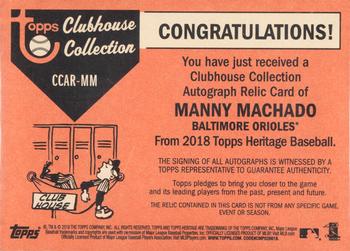 2018 Topps Heritage - Clubhouse Collection Autograph Relics #CCAR-MM Manny Machado Back
