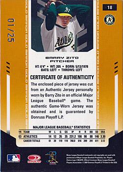 2004 Leaf Certified Materials - Mirror Fabric Gold Number #18 Barry Zito Back
