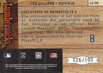 2004 Leaf Limited - Lumberjacks Bat #LJ-36 Ted Williams Back
