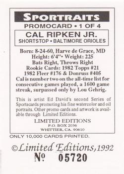 1992 Sportraits Limited Edition Promo Series 2 #1 Cal Ripken Jr. Back