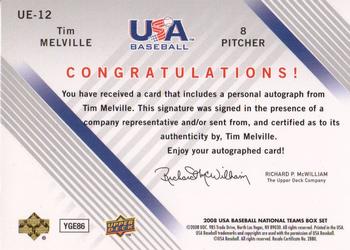 2008 Upper Deck USA Baseball Box Set - Junior National Team Signatures Black #UE-12 Tim Melville Back