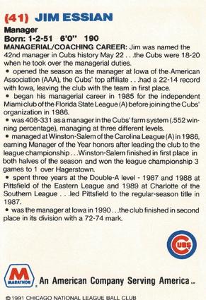 1991 Marathon Oil Chicago Cubs #NNO Jim Essian Back