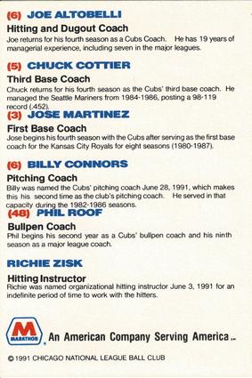 1991 Marathon Oil Chicago Cubs #NNO Joe Altobelli / Billy Connors / Chuck Cottier / Jose Martinez / Phil Roof / Richie Zisk Back