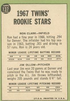 2016 Topps Heritage - 50th Anniversary Buybacks #137 Twins 1967 Rookie Stars (Ron Clark / Jim Ollom) Back