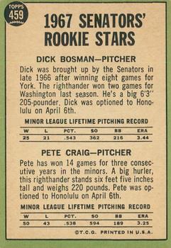 2016 Topps Heritage - 50th Anniversary Buybacks #459 Senators 1967 Rookie Stars (Dick Bosman / Pete Craig) Back