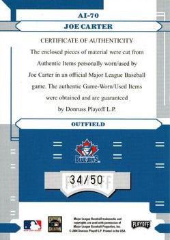 2004 Playoff Absolute Memorabilia - Absolutely Ink Combo Material #AI-70 Joe Carter Back