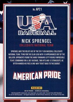 2018 Donruss - American Pride #AP21 Nick Sprengel Back