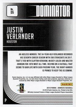 2018 Donruss - Dominators Silver #D5 Justin Verlander Back