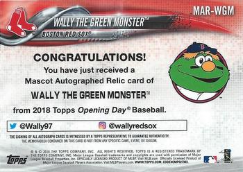 2018 Topps Opening Day - Mascots Relics Autographs #MAR-WGM Wally the Green Monster Back