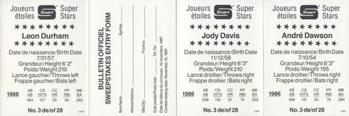 1987 Stuart Bakery Super Stars - Panels #3 Jody Davis / Andre Dawson / Leon Durham Back