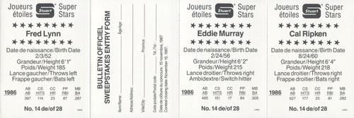 1987 Stuart Bakery Super Stars - Panels #14 Fred Lynn / Eddie Murray / Cal Ripken Jr. Back