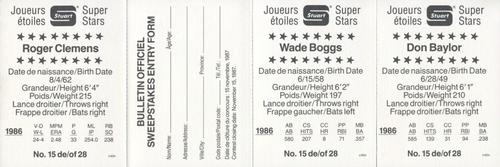 1987 Stuart Bakery Super Stars - Panels #15 Don Baylor / Wade Boggs / Roger Clemens Back