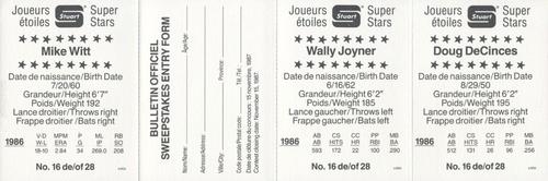 1987 Stuart Bakery Super Stars - Panels #16 Doug DeCinces / Wally Joyner / Mike Witt Back