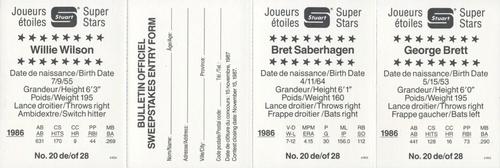 1987 Stuart Bakery Super Stars - Panels #20 George Brett / Bret Saberhagen / Willie Wilson Back