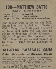 1948-49 Leaf #108 Matthew Batts Back