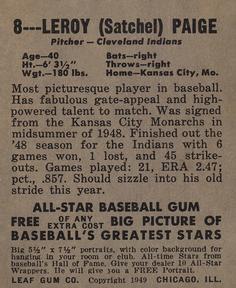 1948-49 Leaf #8 Satchel Paige Back