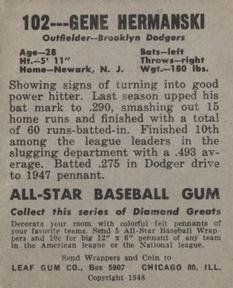1948-49 Leaf #102a Gene Hermanski Back
