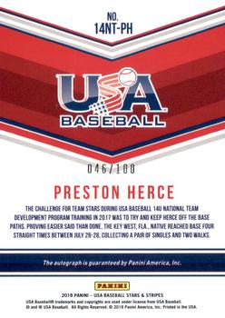 2018 Panini USA Baseball Stars & Stripes - 14U National Team Signatures #14NT-PH Preston Herce Back