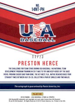2018 Panini USA Baseball Stars & Stripes - 14U National Team Signatures Black Ink #14NT-PH Preston Herce Back