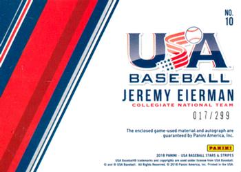 2018 Panini USA Baseball Stars & Stripes - Stars and Stripes Signatures #10 Jeremy Eierman Back