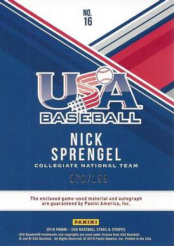 2018 Panini USA Baseball Stars & Stripes - USA BB Silhouettes Signatures Jerseys #16 Nick Sprengel Back