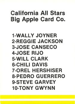 1986 Big Apple California All Stars (Unlicensed) #NNO Checklist Front