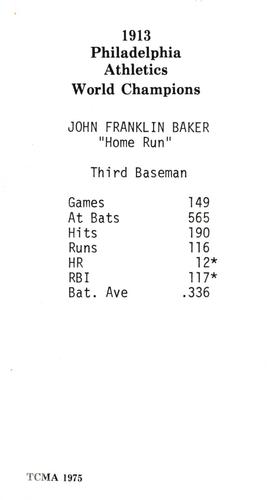 1975 TCMA 1913 Philadelphia Athletics #1 Frank Baker Back