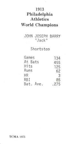 1975 TCMA 1913 Philadelphia Athletics #2 Jack Barry Back