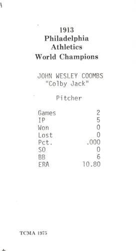 1975 TCMA 1913 Philadelphia Athletics #6 Jack Coombs Back