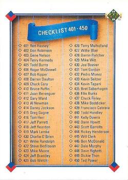 1991 Upper Deck #500 Checklist: 401-500 Front