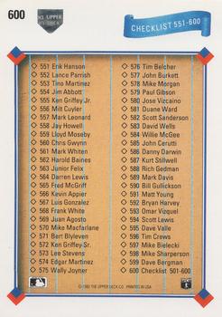 1991 Upper Deck #600 Checklist: 501-600 Back