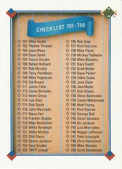 1991 Upper Deck #800 Checklist: 701-800 Front