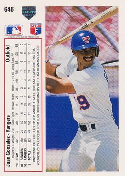 1991 Upper Deck #646 Juan Gonzalez Back