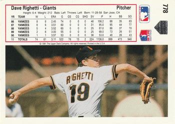 1991 Upper Deck #778 Dave Righetti Back
