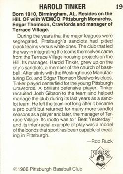 1988 Pittsburgh Negro League Stars #19 Harold Tinker Back