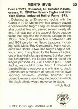 1988 Pittsburgh Negro League Stars #20 Monte Irvin Back