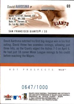 2004 Fleer Hot Prospects Draft Edition #69 David Aardsma Back