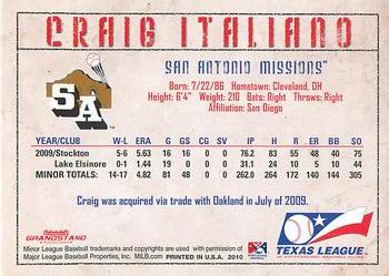 2010 Grandstand Texas League Top Prospects #NNO Craig Italiano Back