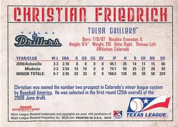 2010 Grandstand Texas League Top Prospects #NNO Christian Friedrich Back