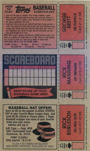 1981 Topps Scratch-Offs #1 / 19 / 37 George Brett / Rick Manning / Rick Burleson Back