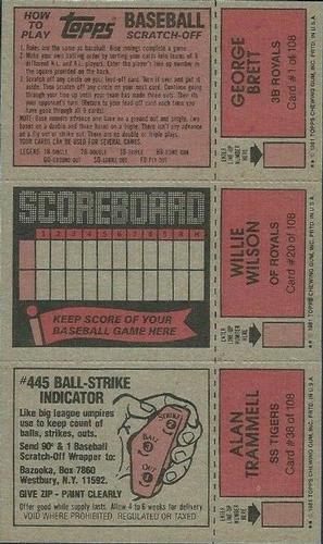 1981 Topps Scratch-Offs #1 / 20 / 38 George Brett / Willie Wilson / Alan Trammell Back