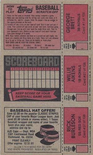 1981 Topps Scratch-Offs - Panels #1 / 27 / 37 George Brett / Willie Aikens / Rick Burleson Back